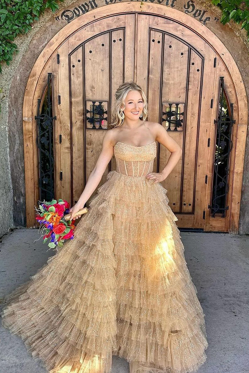 Strapless Tiered Tulle Prom Dress,Elegant Tulle Evening Gown,Y2524 main image 1