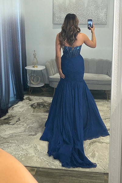 Mermaid Sweetheart Navy Blue Satin Long Prom Dresses with Beadings VK26010707