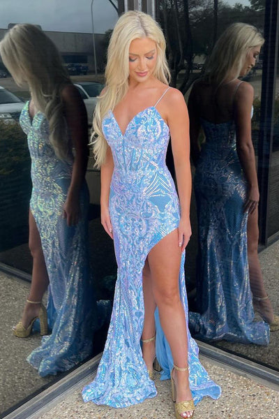 Charming Light Blue V Neck Sequin Lace Long Prom Dresses with Slit VK24030803