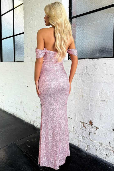 Mermaid Off the Shoulder Pink Sequins Long Evening Prom Dresses VK26011604