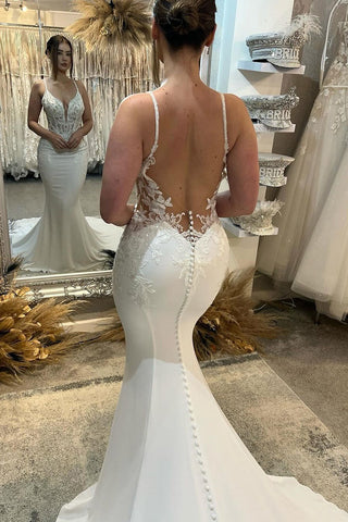 Mermaid V Neck Satin Wedding Dresses with Appliques VK23122206