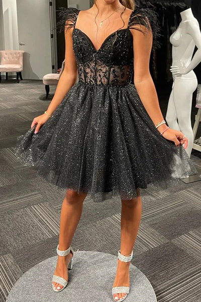 A-Line Black Sequins Sweetheart Short Homecoming Dresses with Furthers VK23080807