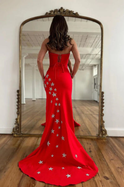 Red Strapless Mermaid Long Prom Dress with Stars VK23092906