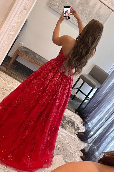 Red A-Line Strapless Sequin Lace Prom Dresses VK23101605