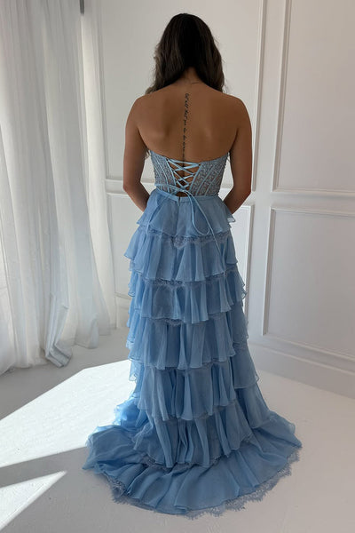 Fashion A Line Sweetheart Light Blue Chiffon Tiered Prom Dress with Lace VK110205