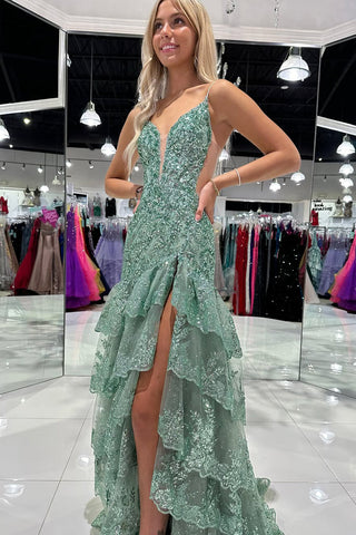 Cute V Neck Sage Green Slit Prom Dress with Sequins Appliques VK13120908