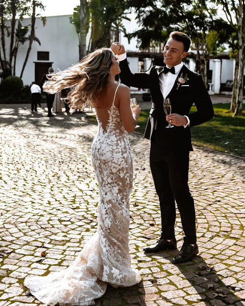 Bohemian Mermaid V Neck Lace Wedding Dresses with Appliques VK23051701