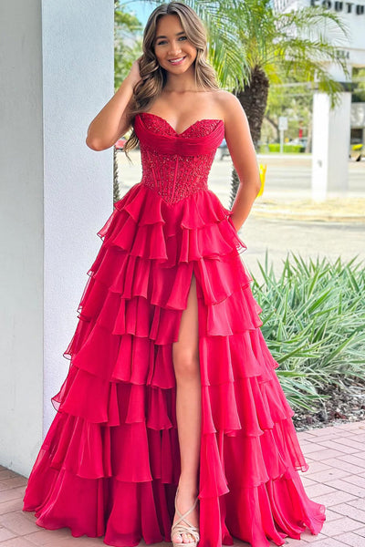 A Line Sweetheart Red Chiffon Long Prom Dress with Appliques VK160401