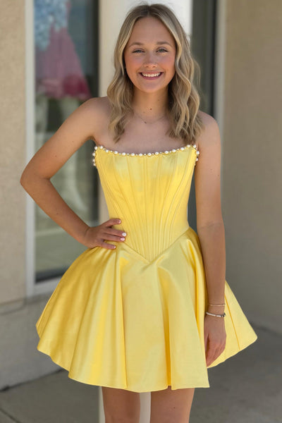 A Line Strapless Yellow Satin Homecoming Dress with Pearls VK26072014