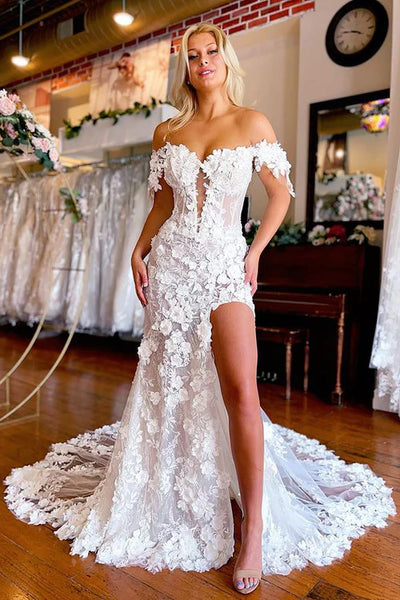 Charming Mermaid Sweetheart White Wedding Dresses with Flower Appliques VK23090901