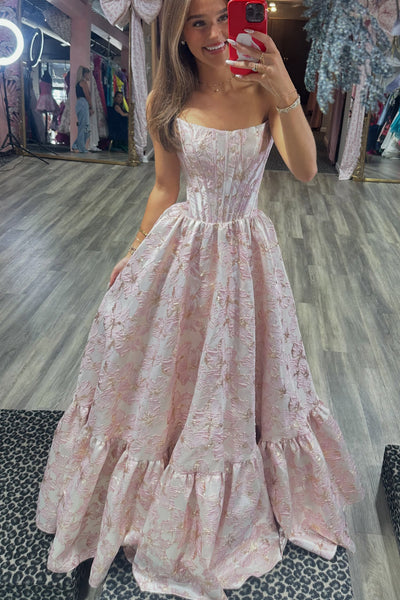 Sweet A-Line Scoop Neck Pink Jacquard Satin Prom Dresses VK26102601