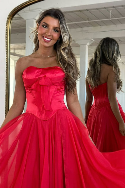 A Line Strapless Light Blue Chiffon Long Prom Dress with Slit VK22804