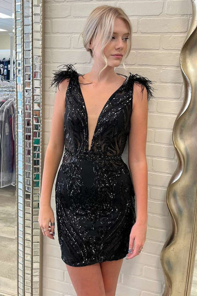 Black Plunge V Feathers Short Homecoming Dresse Party Gown VK23092109