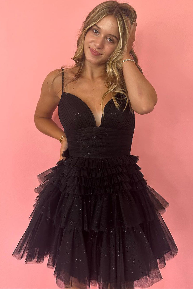 Pretty A-Line Black Tiered Tulle Short Homecoming Dresses VK23082004
