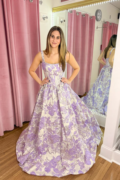 Gorgeous A Line Square Neck Lavender Jacquard Satin Long Prom Dress with Beading VK25121004
