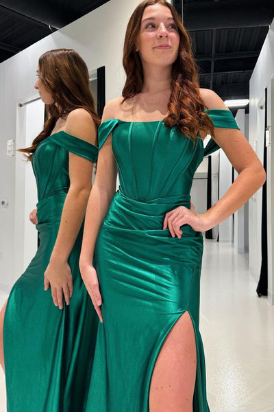 Emerald Satin Mermaid Long Prom Dresses with Detachable Shoulder Straps VK24011202