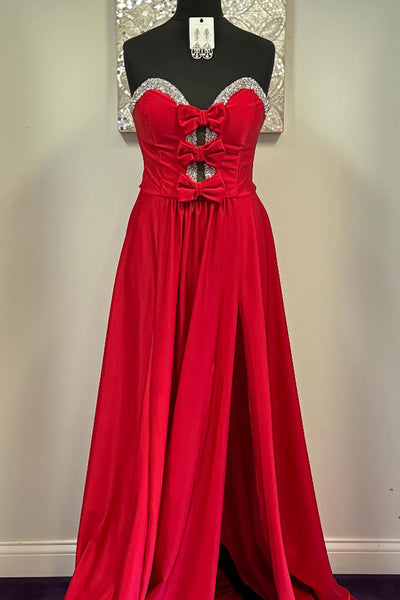 A-Line Sweetheart Keyholes Red Satin Long Prom Dresses with Pockets VK26010503