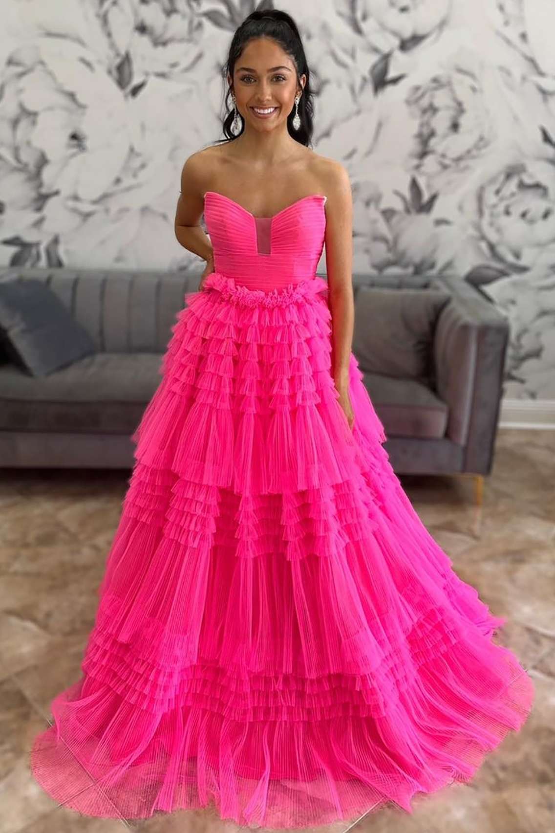 Hot Pink Strapless A-Line Tiered Tulle Formal Dress VK23113007
