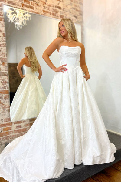 Elegant A Line Scoop Neck Jacquard Satin Wedding Dress with Pockets VK16012911