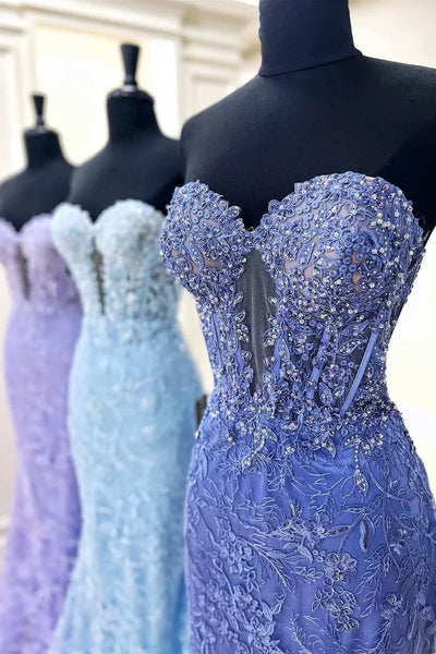 Charming Mermaid Sweetheart Lilace Lace Appliques Prom Dresses with Beading