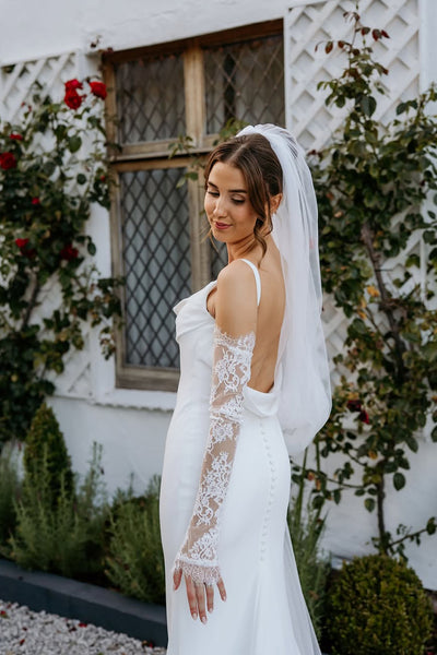 Simple Mermaid Cowl Neck Silk Satin Wedding Dresses with Appliques VK25092302