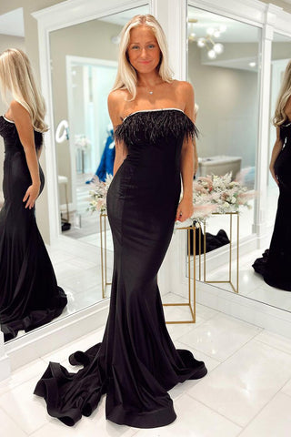 Black Strapless Satin Mermaid Prom Dresses with Feather VK23100604
