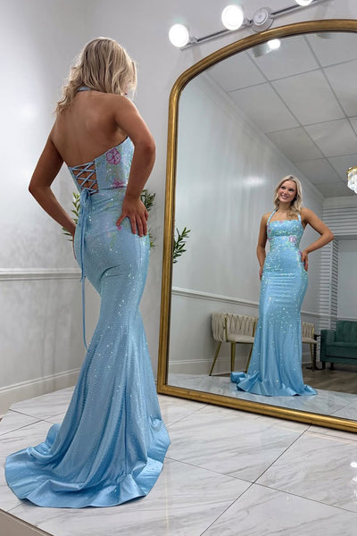 Mermaid Halter Blue Beads Long Prom Dresses VKPD008