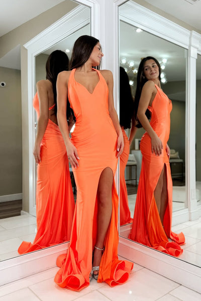 Mermaid V Neck Orange Stretch Satin Long Prom Dress with Slit VK26031506