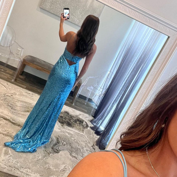 Glitter Mermaid V Neck Blue Sequins Long Prom Dresses with Slit VK23051904