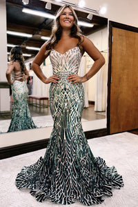 Green Strapless Sequins Mermaid Long Prom Dresses VK24050702