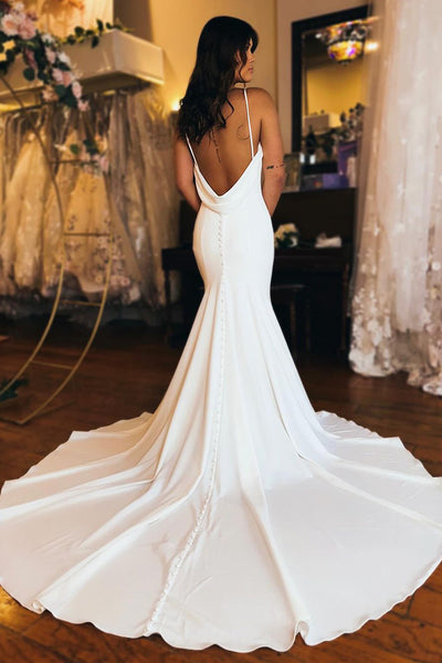 Simple Mermaid V Neck White Satin Wedding Dresses VK23120704
