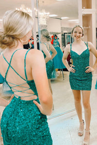 Sparkly Dark Green Sequins Lace-Up Back Tight Short Homecoming Dress VK23091804