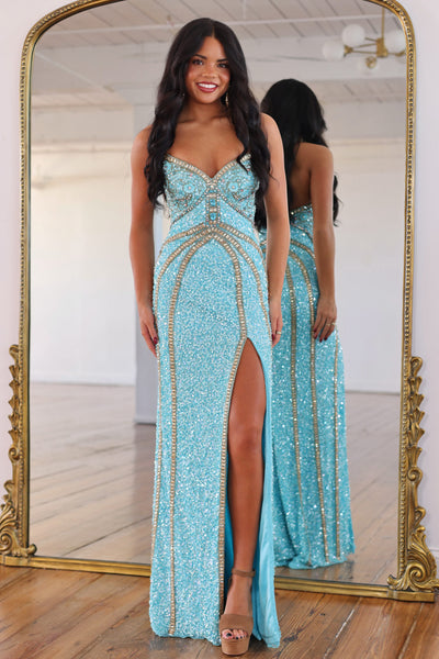 Sparkly Mermaid V Neck Teal Sequins Prom Dress with Slit VK26102607