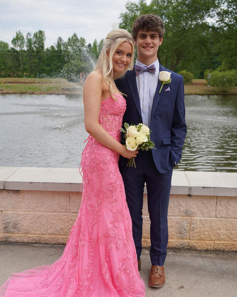 Cute Mermaid Sweetheart Pink Lace Long Prom Dresses with Beading VK23051806