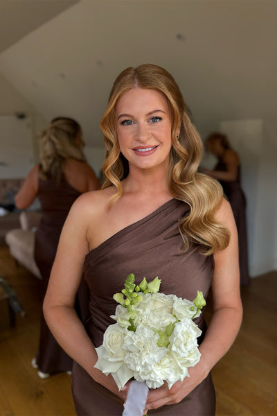 Sheath One Shoulder Brown Silk Satin Long Bridesmaid Dresses VK26081005