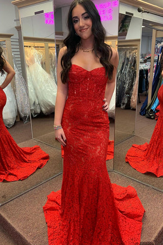 Red Sweetheart Lace Beaded Mermaid Long Prom Dresses VK24022203