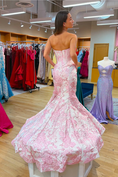 Gorgeous Mermaid Sweetheart Pink Jacquard Satin Prom Dress with Beading VK25121006