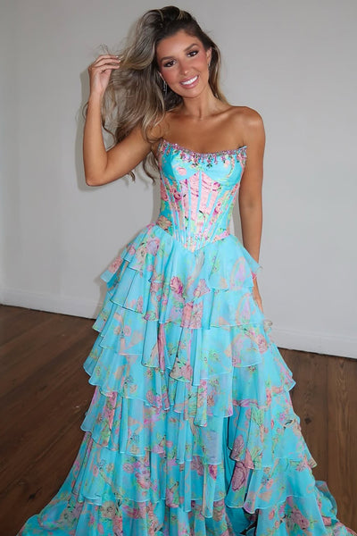 2026 New Arrival A Line Scoop Neck Floral Chiffon Prom Dress with Beading VK25122803