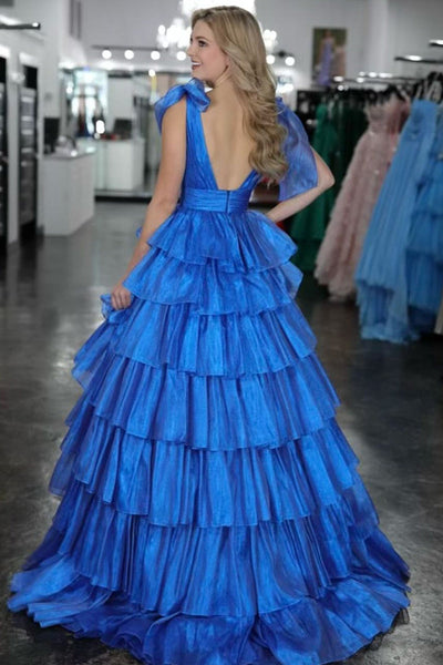 Fairy Ball Gown V Neck Pink Tiered Organza Long Prom Dress