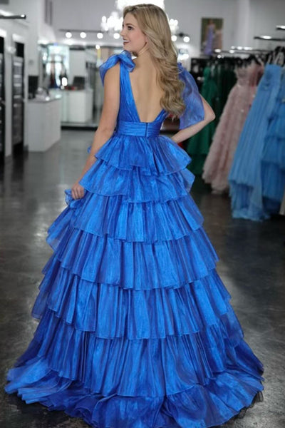 A-Line V Neck Blue Ruffle Tiered Long Prom Dresses VK24021704