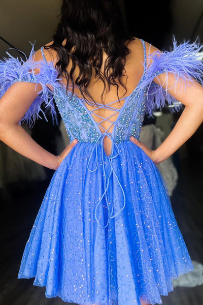 Cute A-Line Off the Shoulder Feather Short Homecoming Dress VK23082211