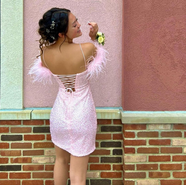 Sparkly Bodycon Scoop Neck Pink Sequins Short homecoming Dresses with Feather VK23051508