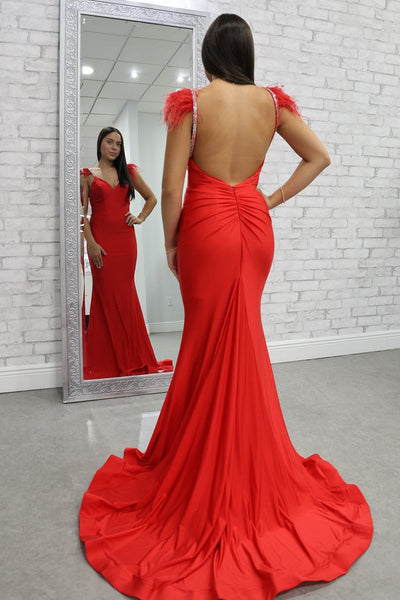 Cute Mermaid V Neck Red Satin Prom Dresses with Feather