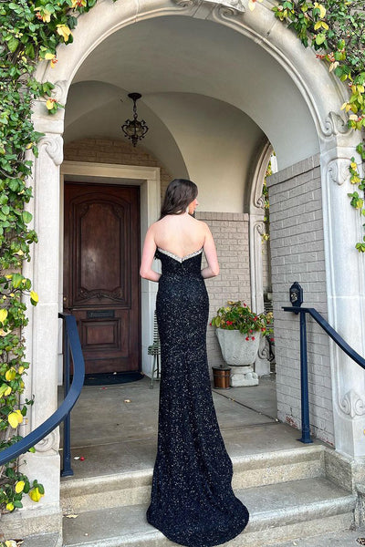 Black V Neck Sequin Mermaid Long Prom Dresses with Beads VK24010702