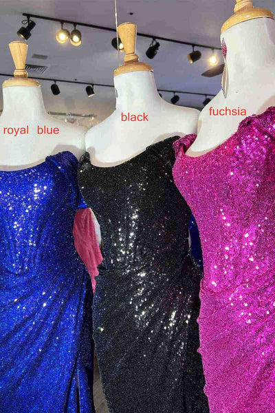 Pleated Off-the-Shoulder Black Sequins Long Formal Dress VK23121809