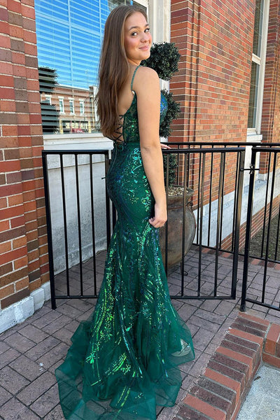 Dark Green Sequin Lace Scoop Neck Mermaid Long Prom Dresses VK23112208