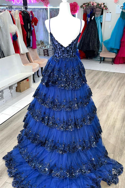 Royal Blue Floral Multi-Layers Sequined Straps Long Prom Dress VK23102904