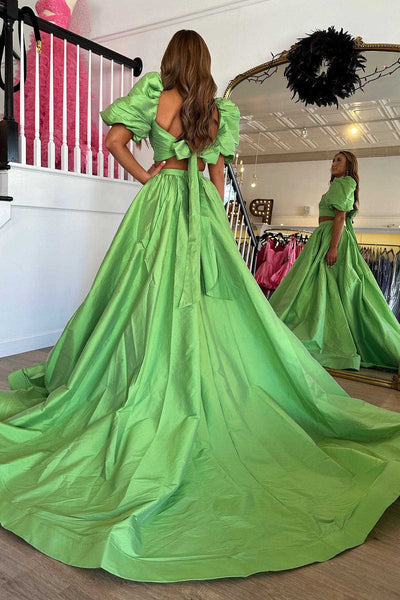 Two Piece Green Balloon Sleeves Long Prom Dress with Slit VK23110304