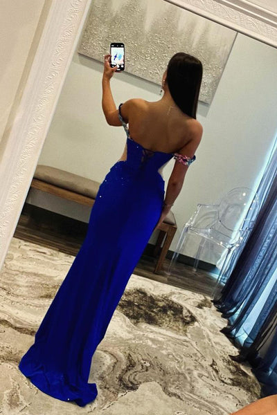 Royal Blue Off the Shoulder Beaded Long Prom Dresses with Appliques VK24022004