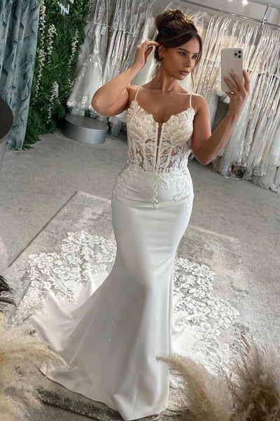 Mermaid V Neck Elastic Satin Long Wedding Dress with Appliques VK25060802